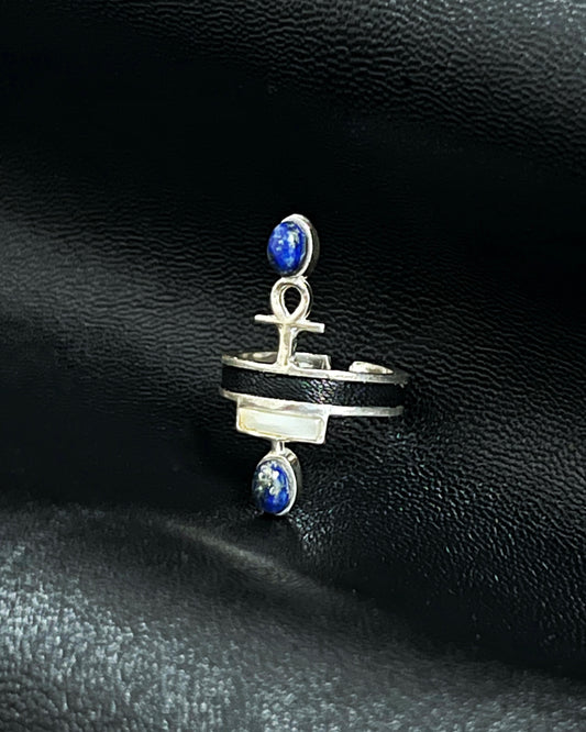 Leather Lapis lazuli Ankh ring